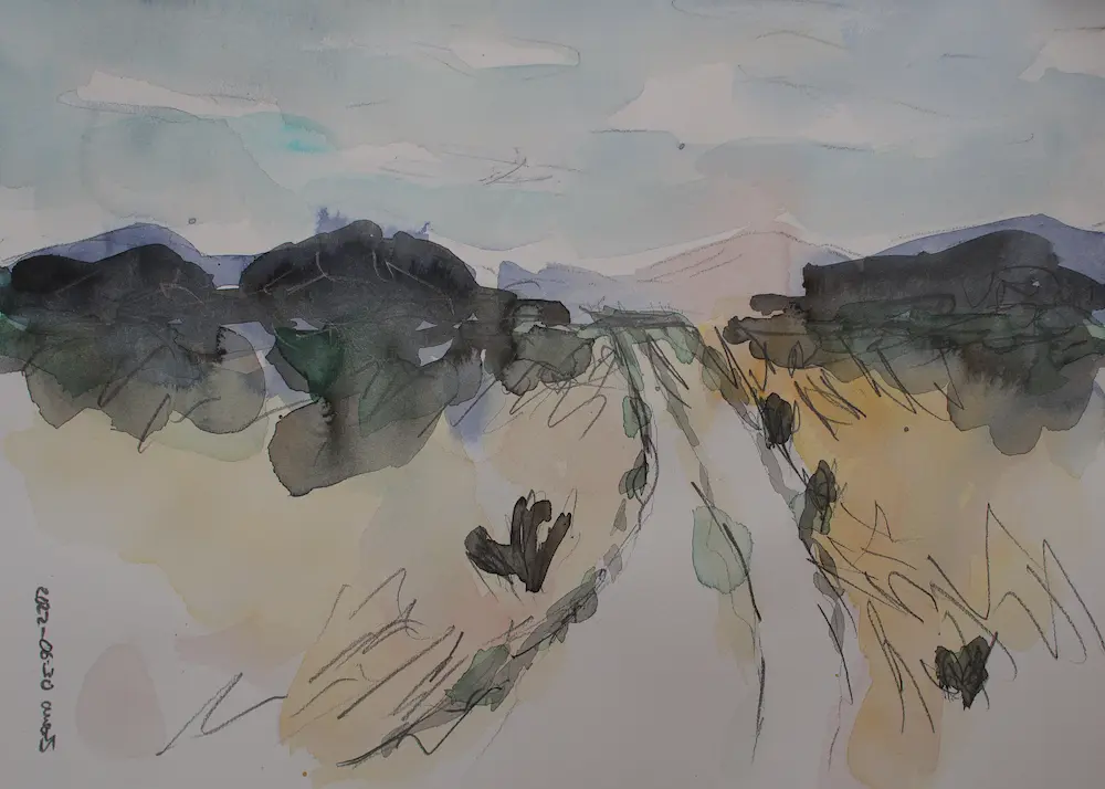 künstler aquarell gemälde bild klein xs herbst winter landschaft weiß feld art