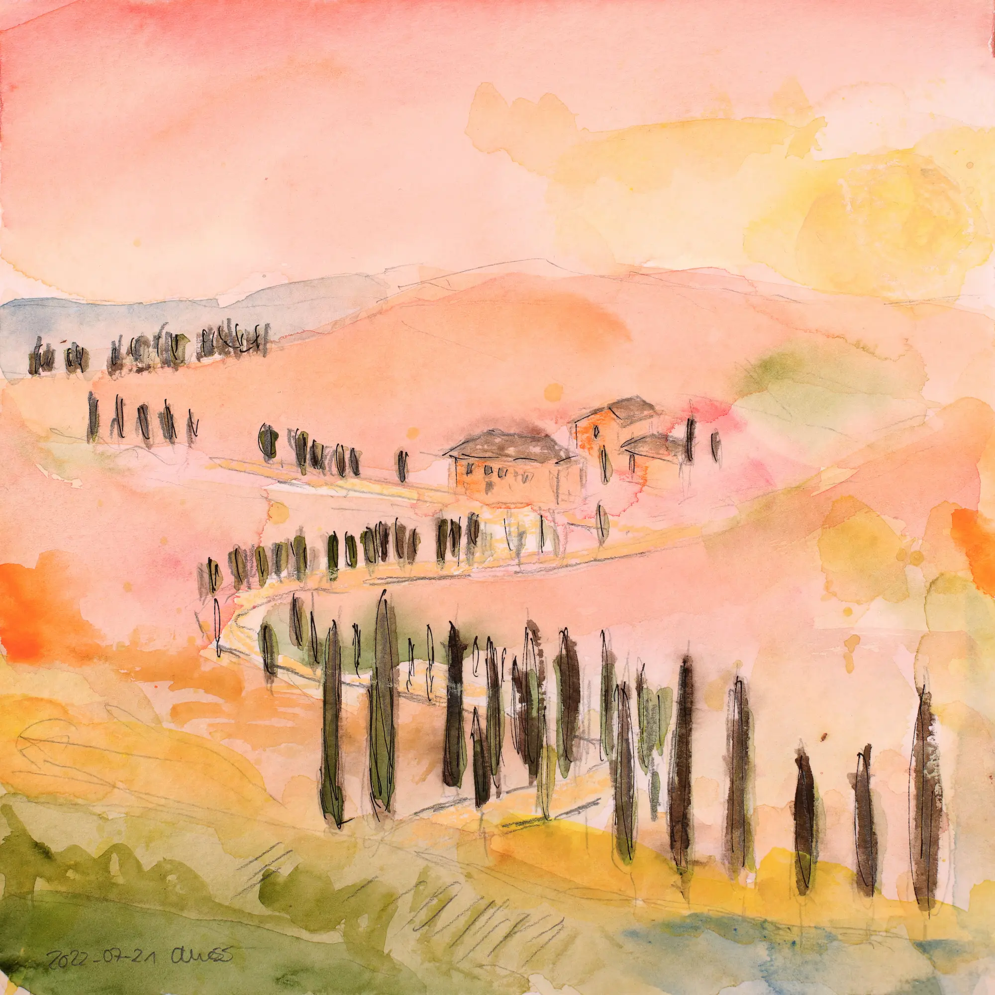 echtes Aquarell Gemälde Toskana Italien Urlaub rot orange Abend Sonne Untergang