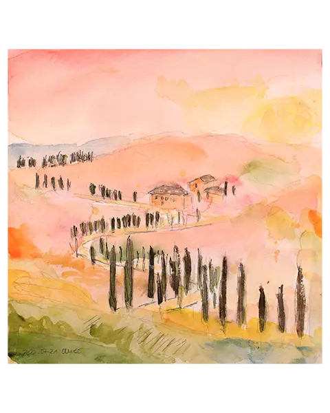 echtes Aquarell Gemälde Toskana Italien Urlaub rot orange Abend Sonne Untergang