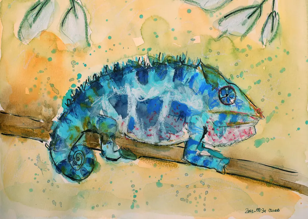 künstler aquarell gemälde bild klein xs tier chamäleon dschungel kinder gecko