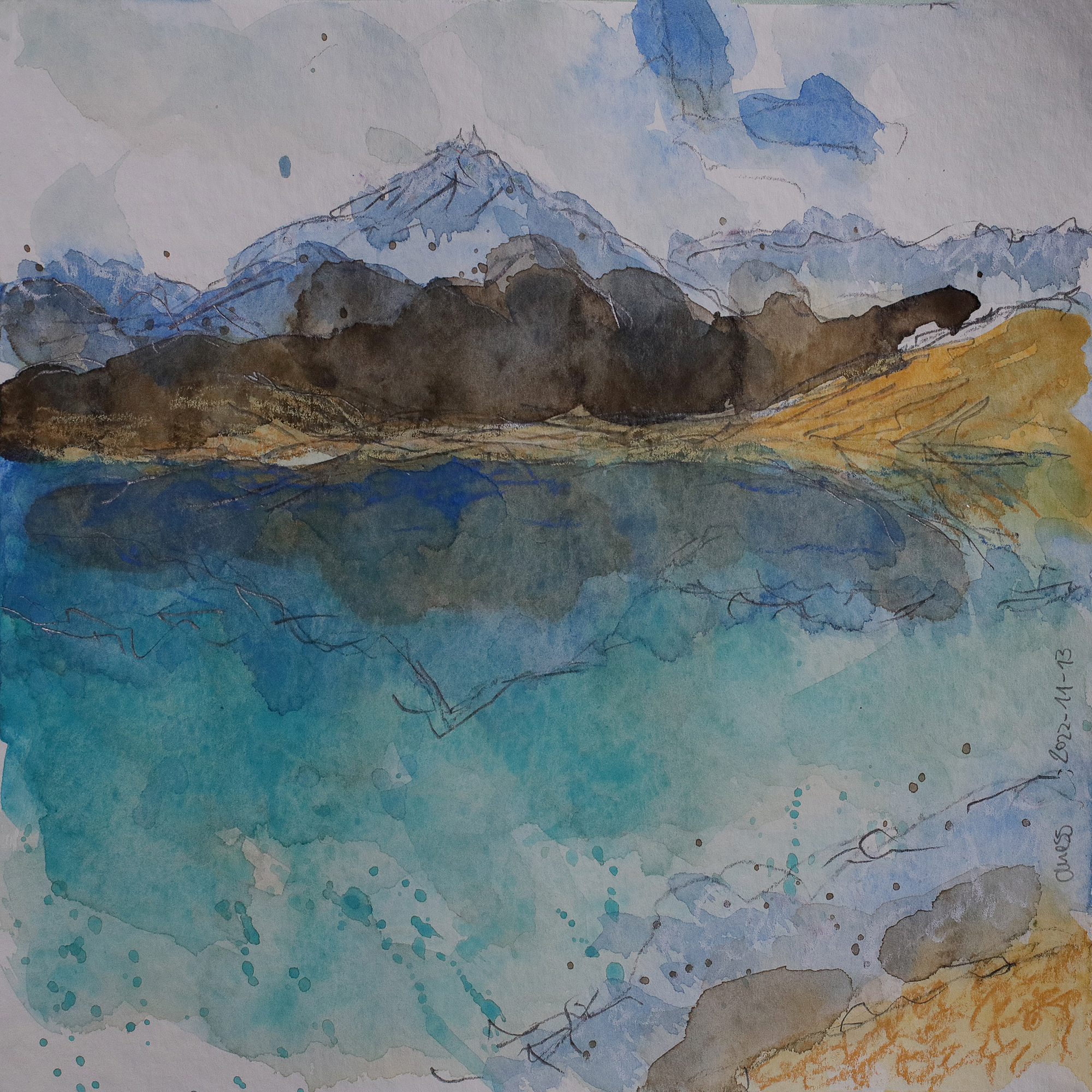 echtes Aquarell Gemälde mini klein Berge Alpen Urlaub Berg blau türkis weiß