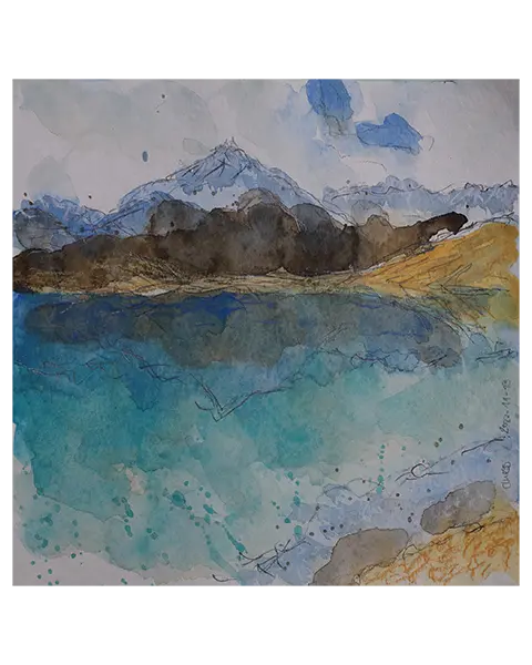 echtes Aquarell Gemälde mini klein Berge Alpen Urlaub Berg blau türkis weiß