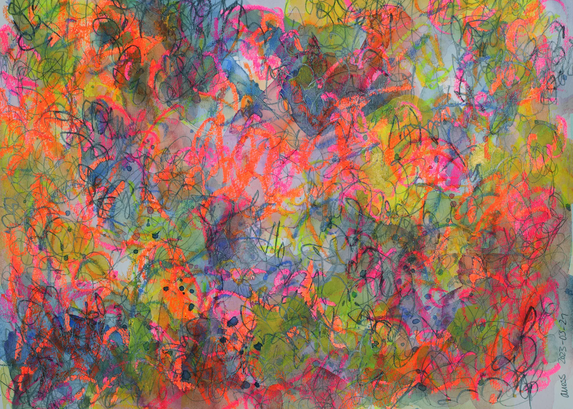 echtes Aquarell Gemälde Bild gelb pink orange blau lila guenstig abstrakt Art