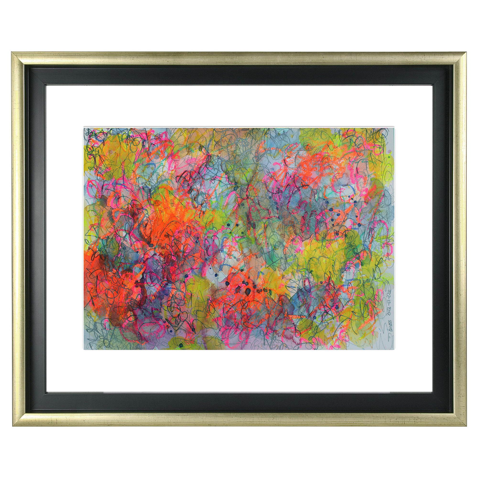 Detail echtes Aquarell Gemälde Bild gelb pink orange gruen tuerkis abstrakt Striche