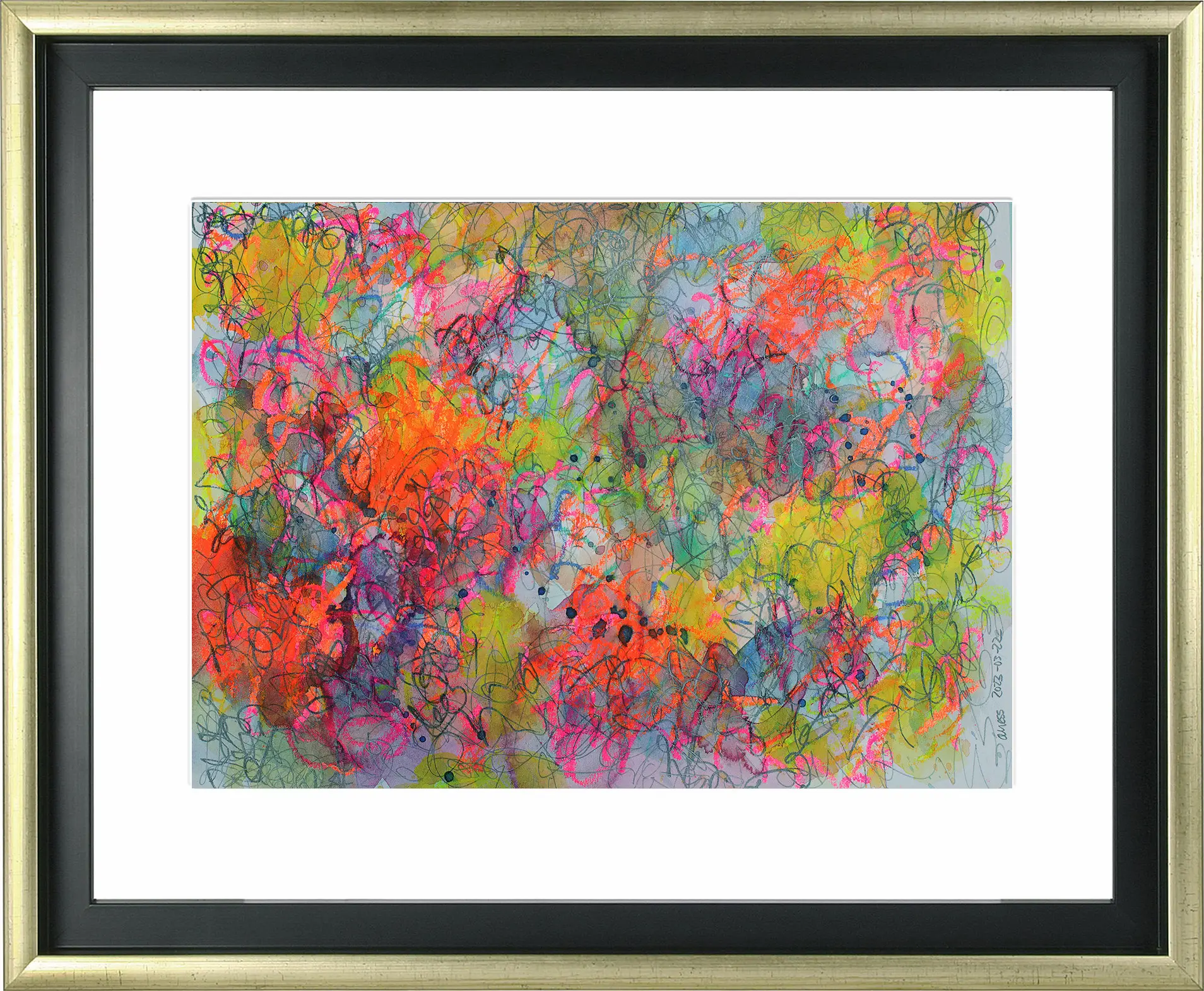 Nahaufnahme echtes Aquarell Gemälde Bild gelb pink orange gruen tuerkis abstrakt Striche