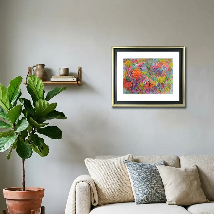 Wandbild für modernes Wohndesign echtes Aquarell Gemälde Bild gelb pink orange gruen tuerkis abstrakt Striche