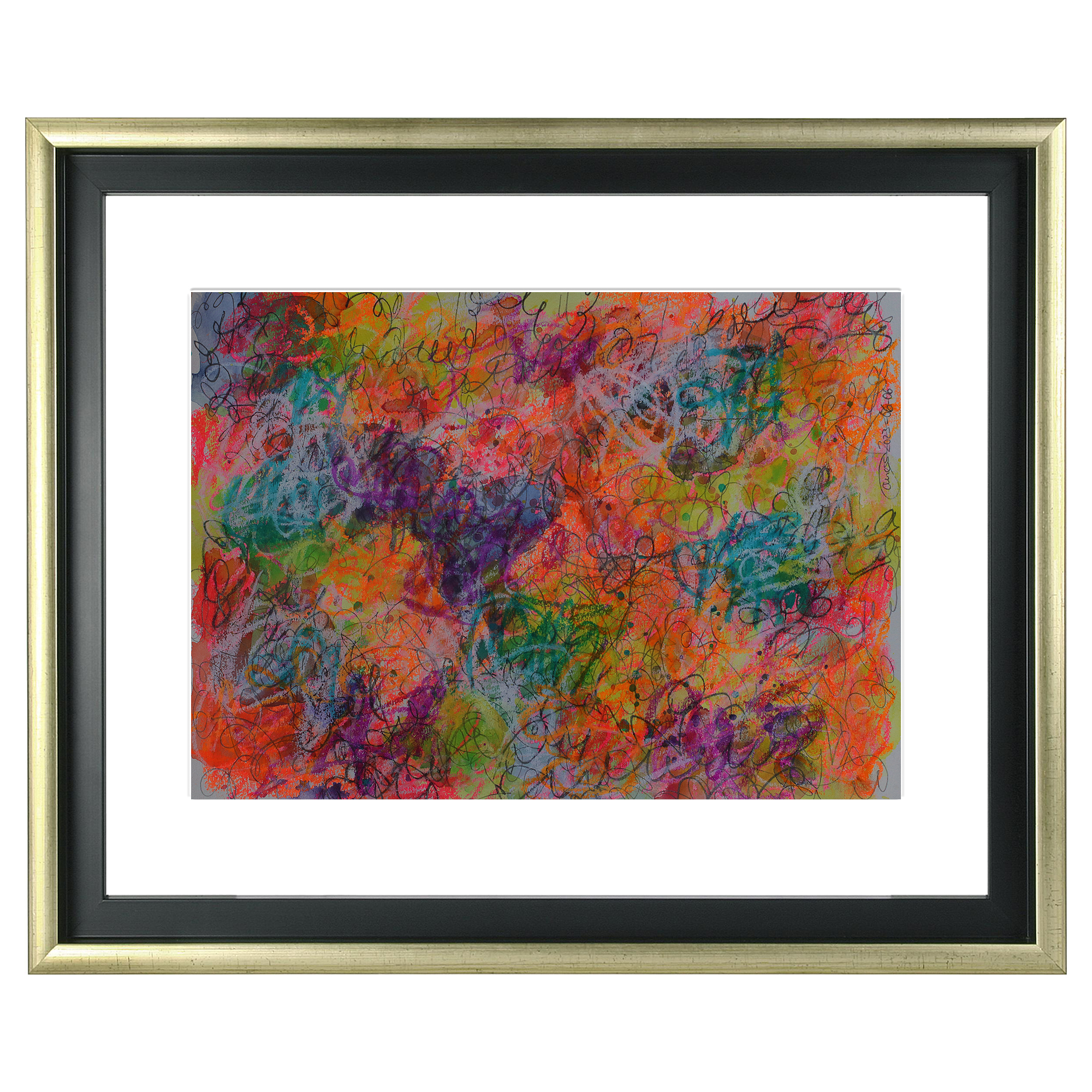 Detail Aquarell Gemälde neon pink gelb orange weiss Linien Kringel Krickelkrakel Art XS