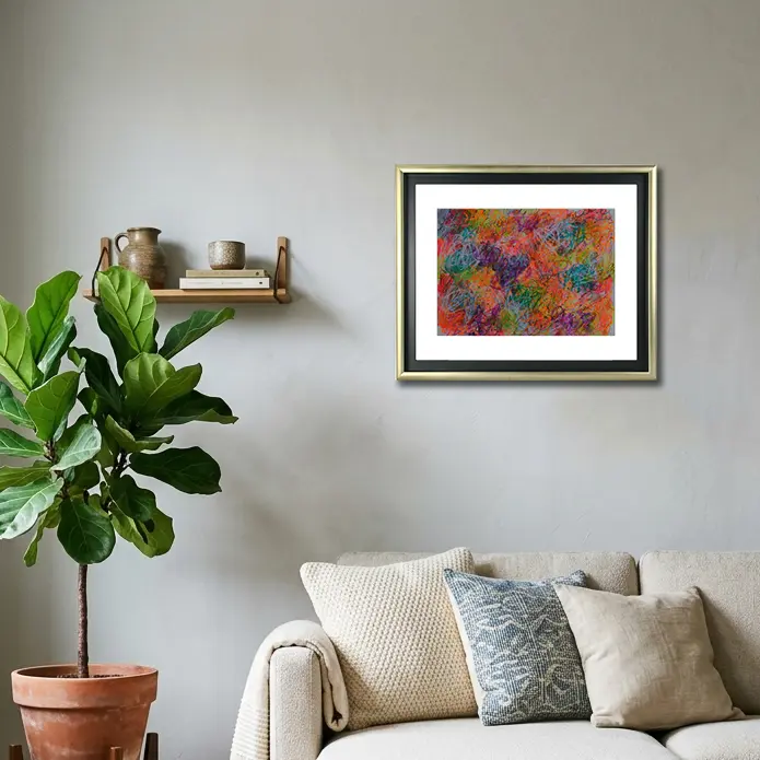 Wandbild für modernes Wohndesign Aquarell Gemälde neon pink gelb orange weiss Linien Kringel Krickelkrakel Art XS