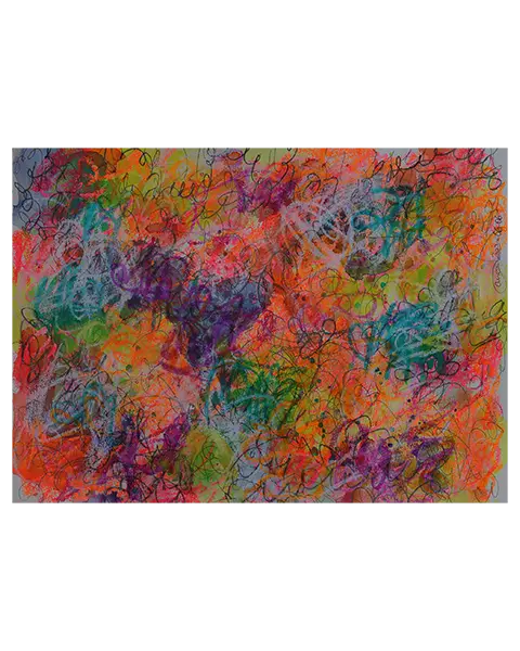 Aquarell Gemälde neon pink gelb orange weiss Linien Kringel Krickelkrakel Art XS