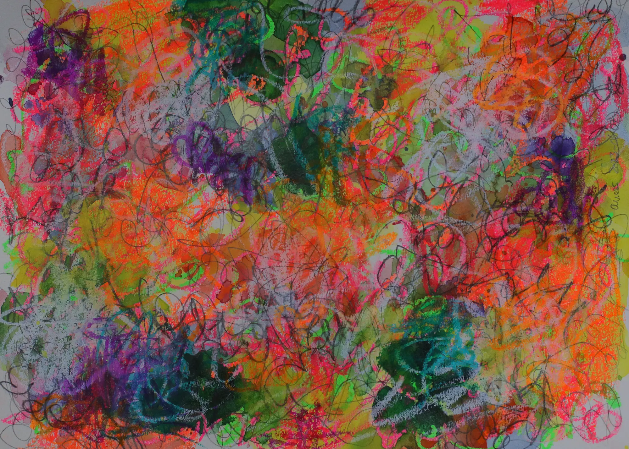 Aquarell Gemälde neon pink gelb orange weiss Striche Kringel Krickelkrakel Art