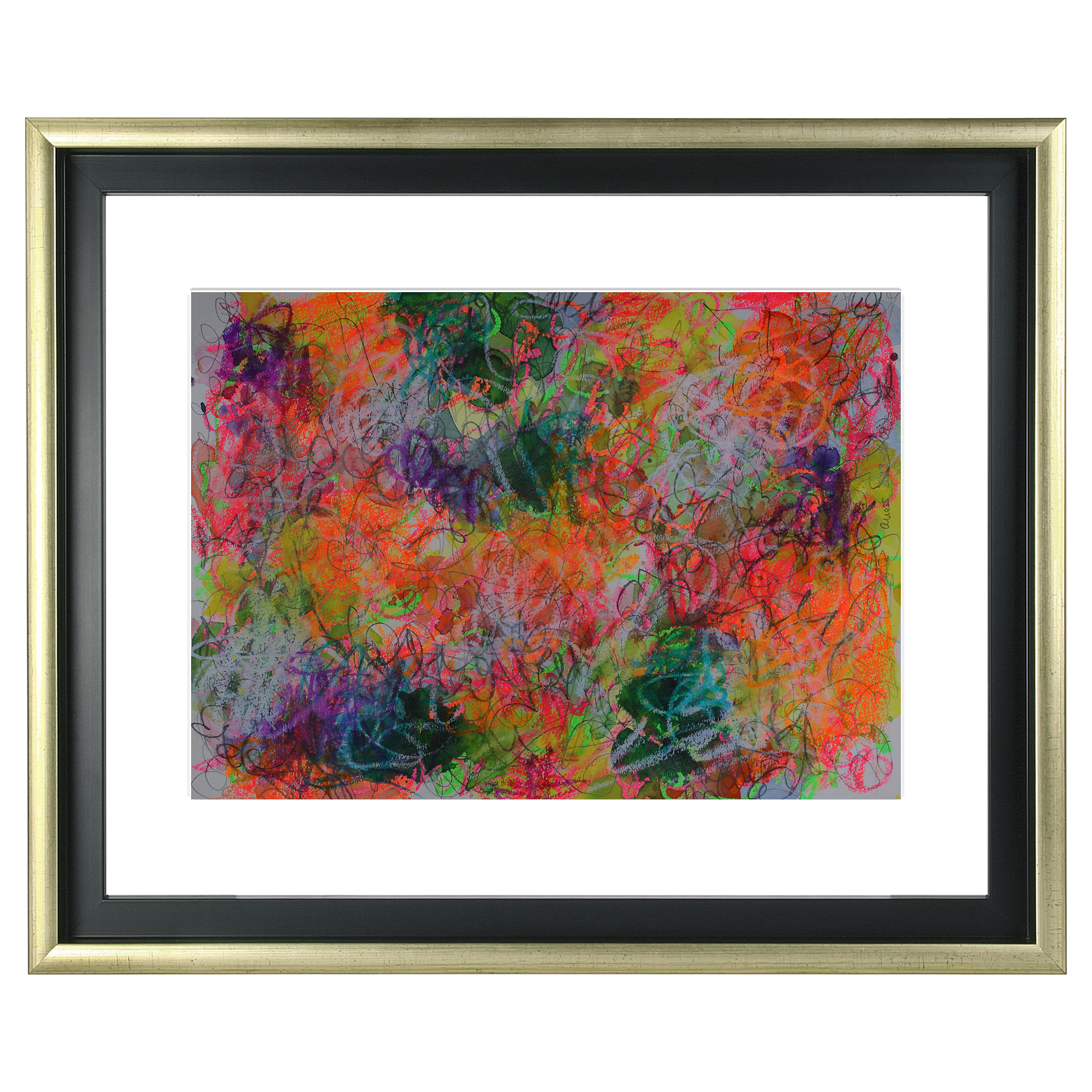 Detail Aquarell Gemälde neon pink gelb orange weiss Striche Kringel Krickelkrakel Art