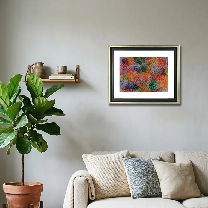 Wandbild für modernes Wohndesign Aquarell Gemälde neon pink gelb orange weiss Striche Kringel Krickelkrakel Art