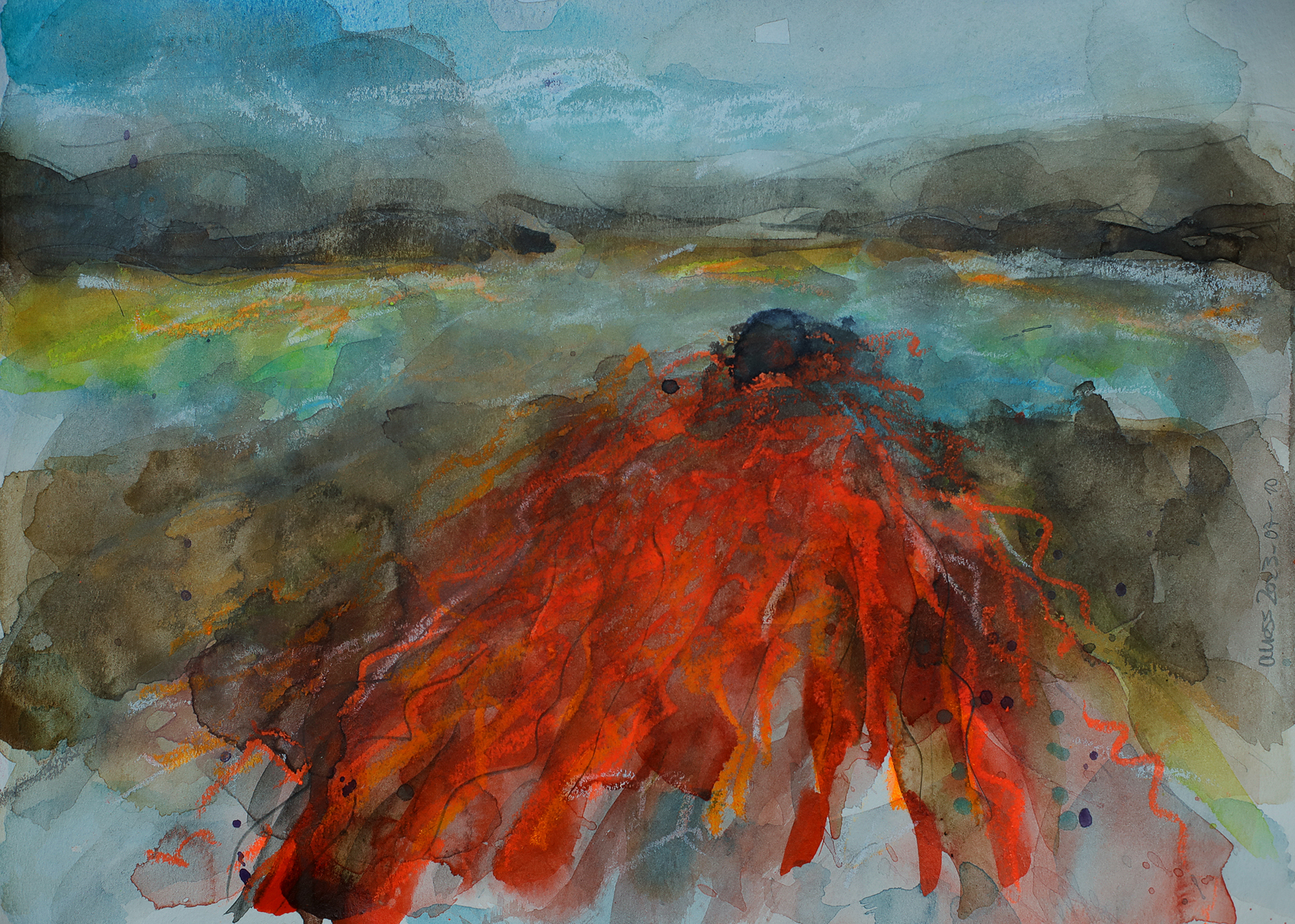 echtes Aquarell Gemälde Bild XS klein Art Vulkan Landschaft rot hell blau braun