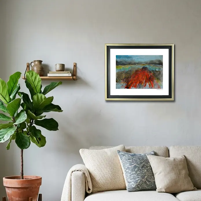 Wandbild für modernes Wohndesign echtes Aquarell Gemälde Bild XS klein Art Vulkan Landschaft rot hell blau braun