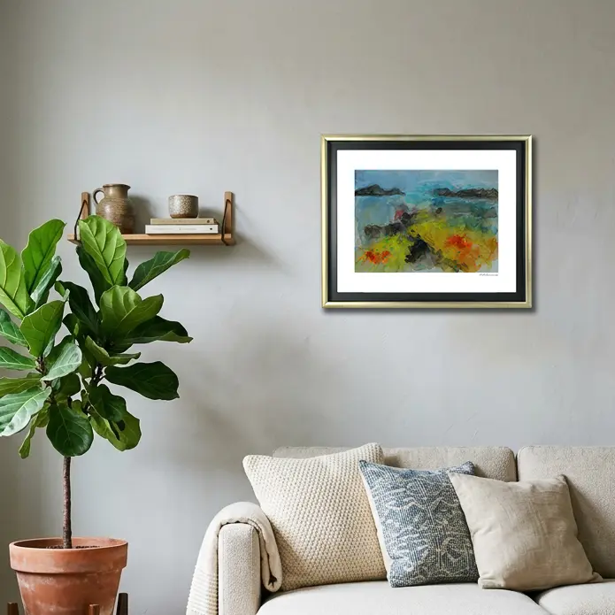 Wandbild für modernes Wohndesign echtes Aquarell Gemälde Bild XS mini Vulkan Landschaft gelb hell blau braun