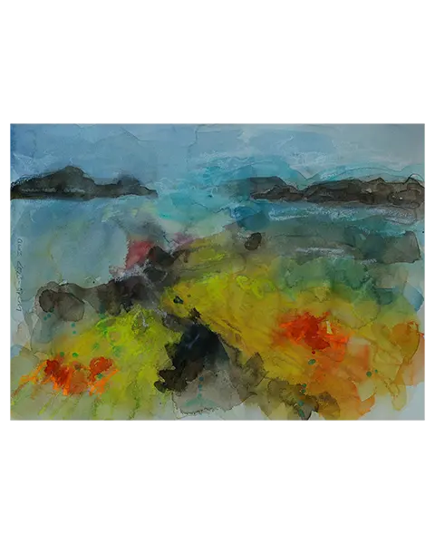 echtes Aquarell Gemälde Bild XS mini Vulkan Landschaft gelb hell blau braun