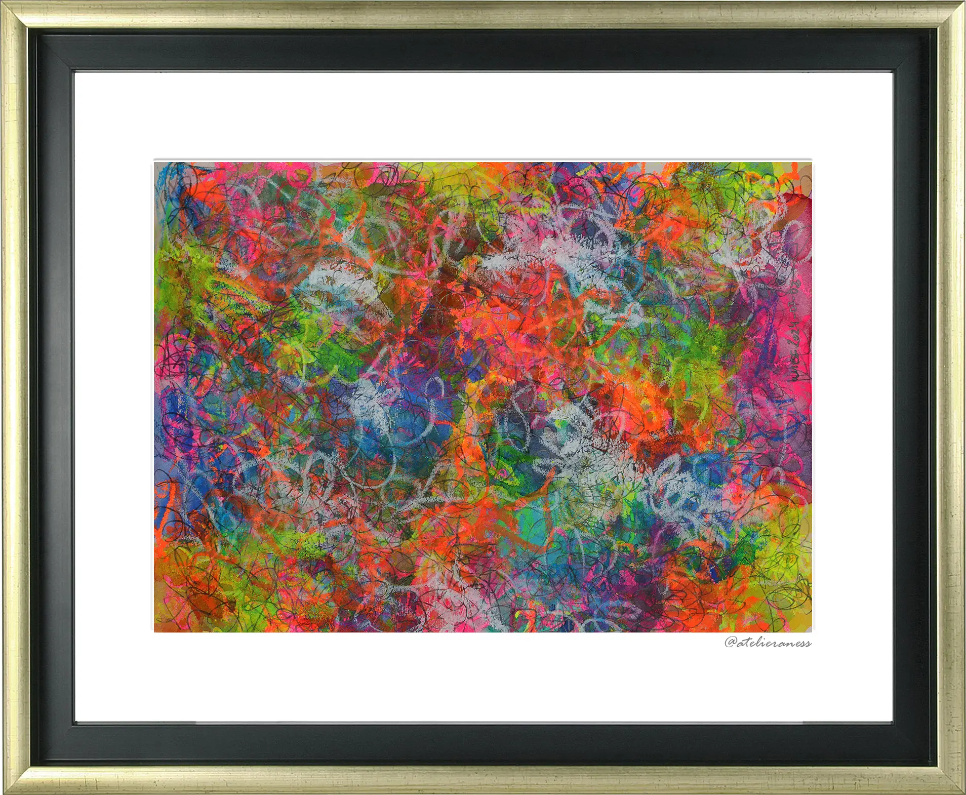 Nahaufnahme Aquarell neon gelb pink orange gruen blau Linien Striche Kringel Krickelkrakel