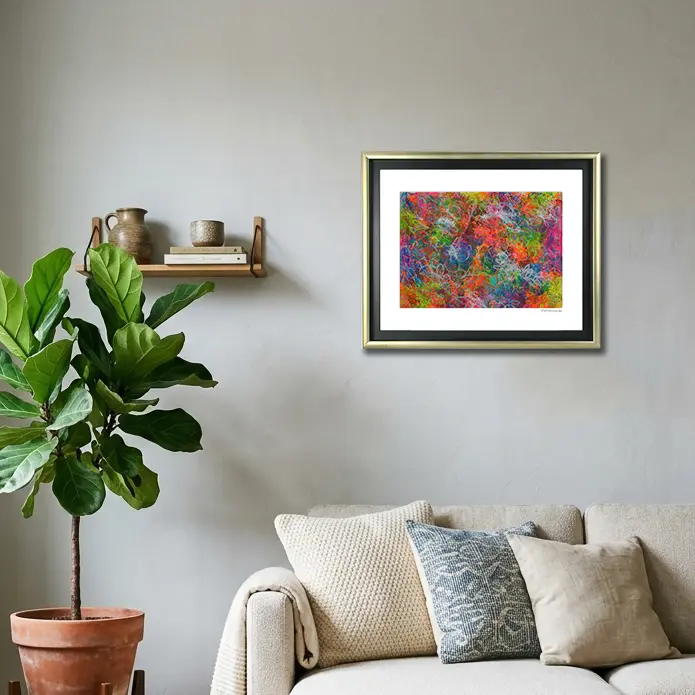 Wandbild für modernes Wohndesign Aquarell neon gelb pink orange gruen blau Linien Striche Kringel Krickelkrakel